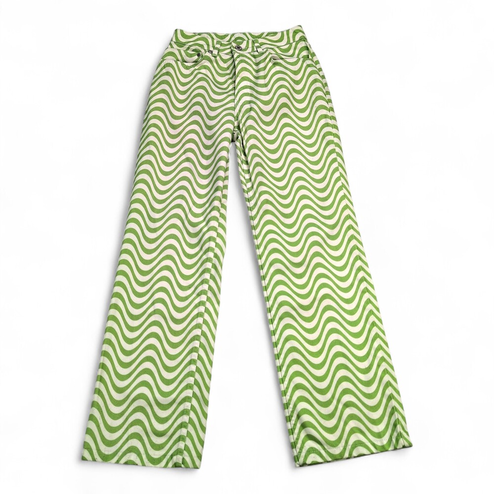 Ragged Jeans Green Wave Print Straight Jeans Size 26
